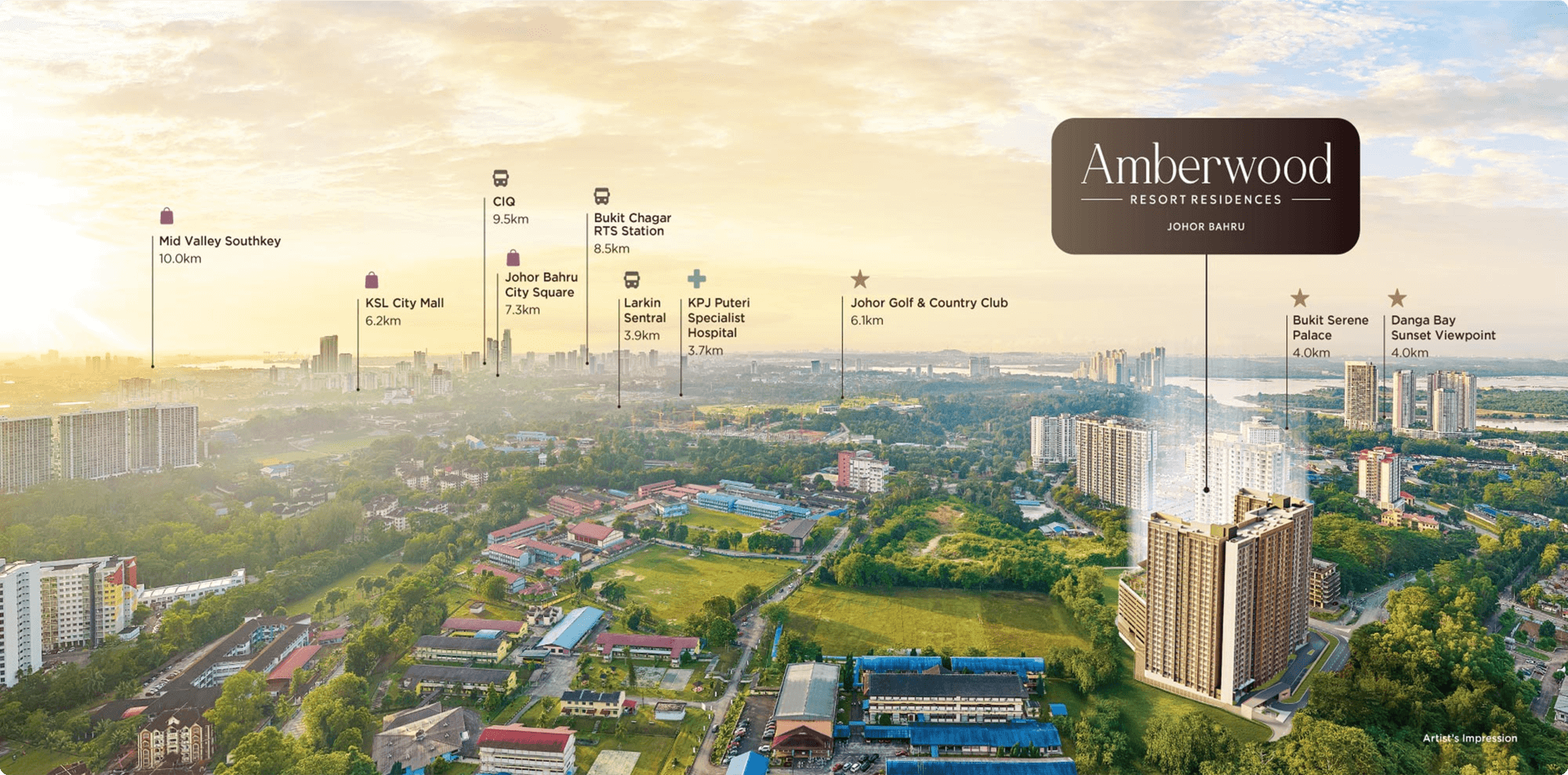 Amberwood Residences aerial view showing nearby city landmarks and distances